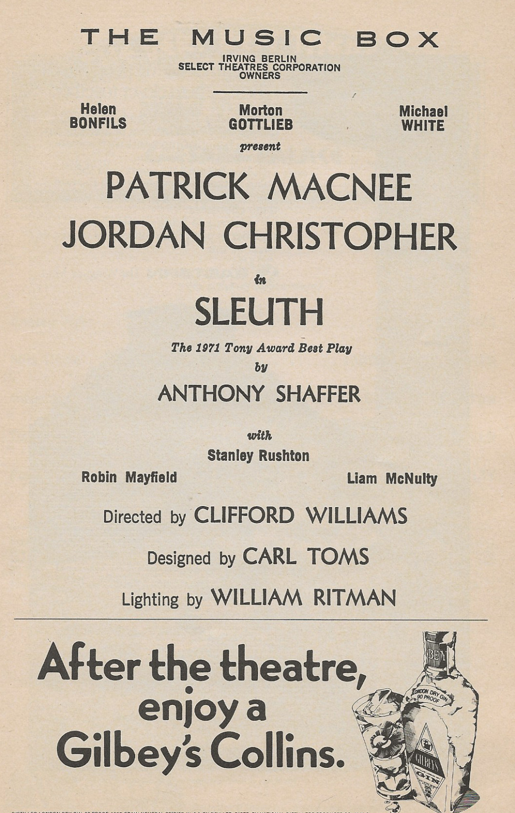PLAYBILL-SLEUTH-PATRICK MACNEE-1973-MUSIC BOX THEATRE-BROADWAY-NEW YORK-AVENGERS