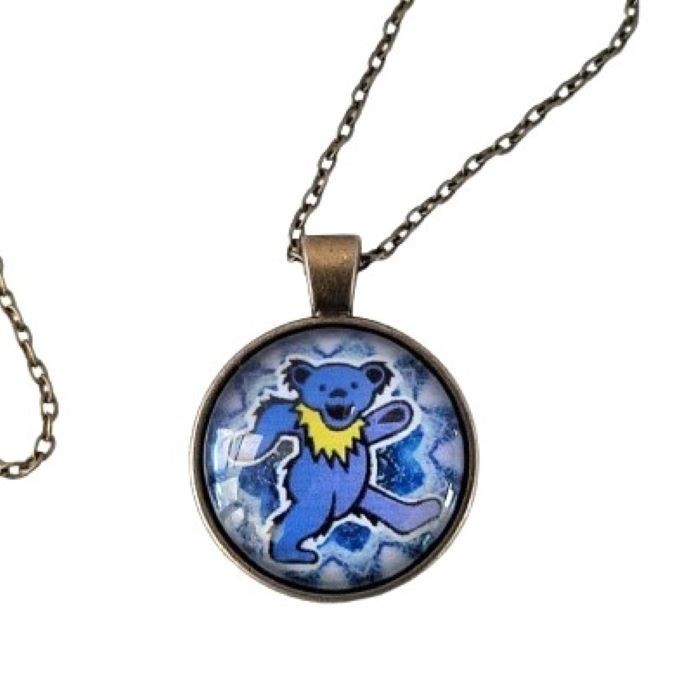 Grateful Dead Dancing Bear Necklace Antique Brass Chain & Glass Cabochon Charm
