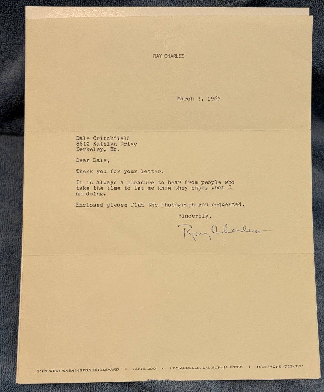 1967 Ray Charles Signed Letter On Watermarked Letterhead