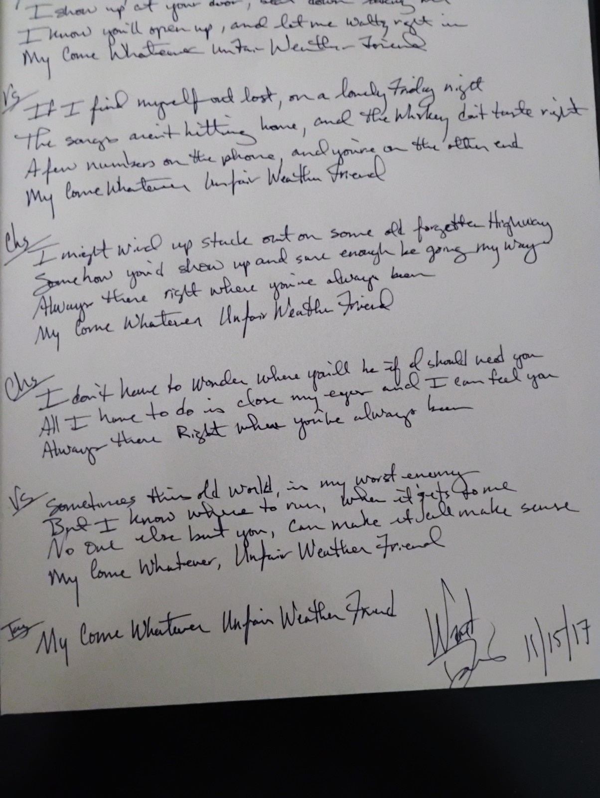 Handwritten Lyrics Unfair Weather Friend Signed By Ward Davis On 11/2017
