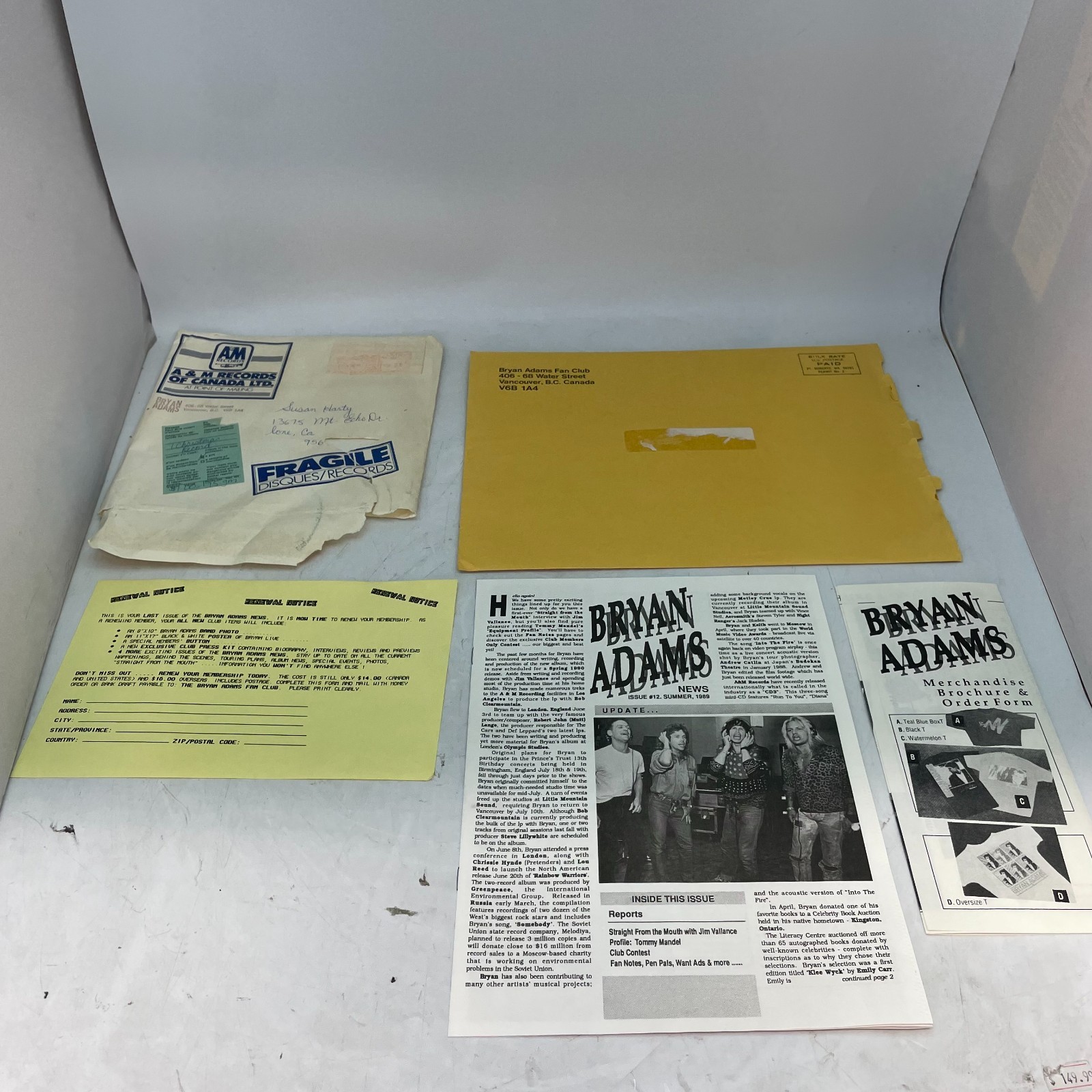 Bryan Adams Official Fan Club Ephemera Merch Order Sheet Magazine 1989