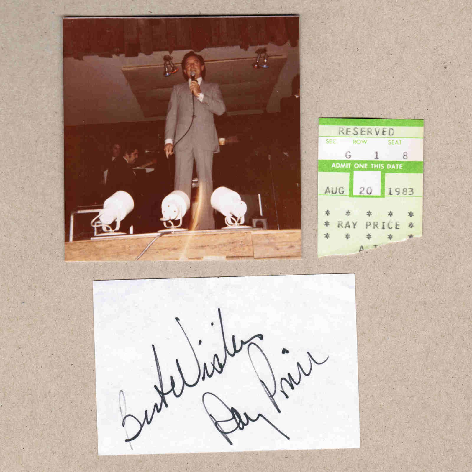 1983 Ray Price Signed Autograph w/Fan Taken 3.5 x 3.5 OOAK Photo Ticket Stub VTG