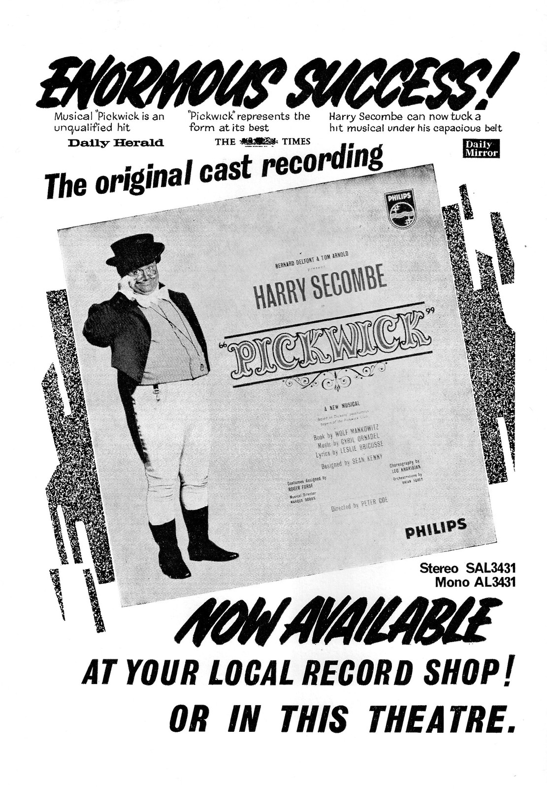 Harry Secombe “PICKWICK” Anton Rodgers / Leslie Bricusse 1963 London Playbill