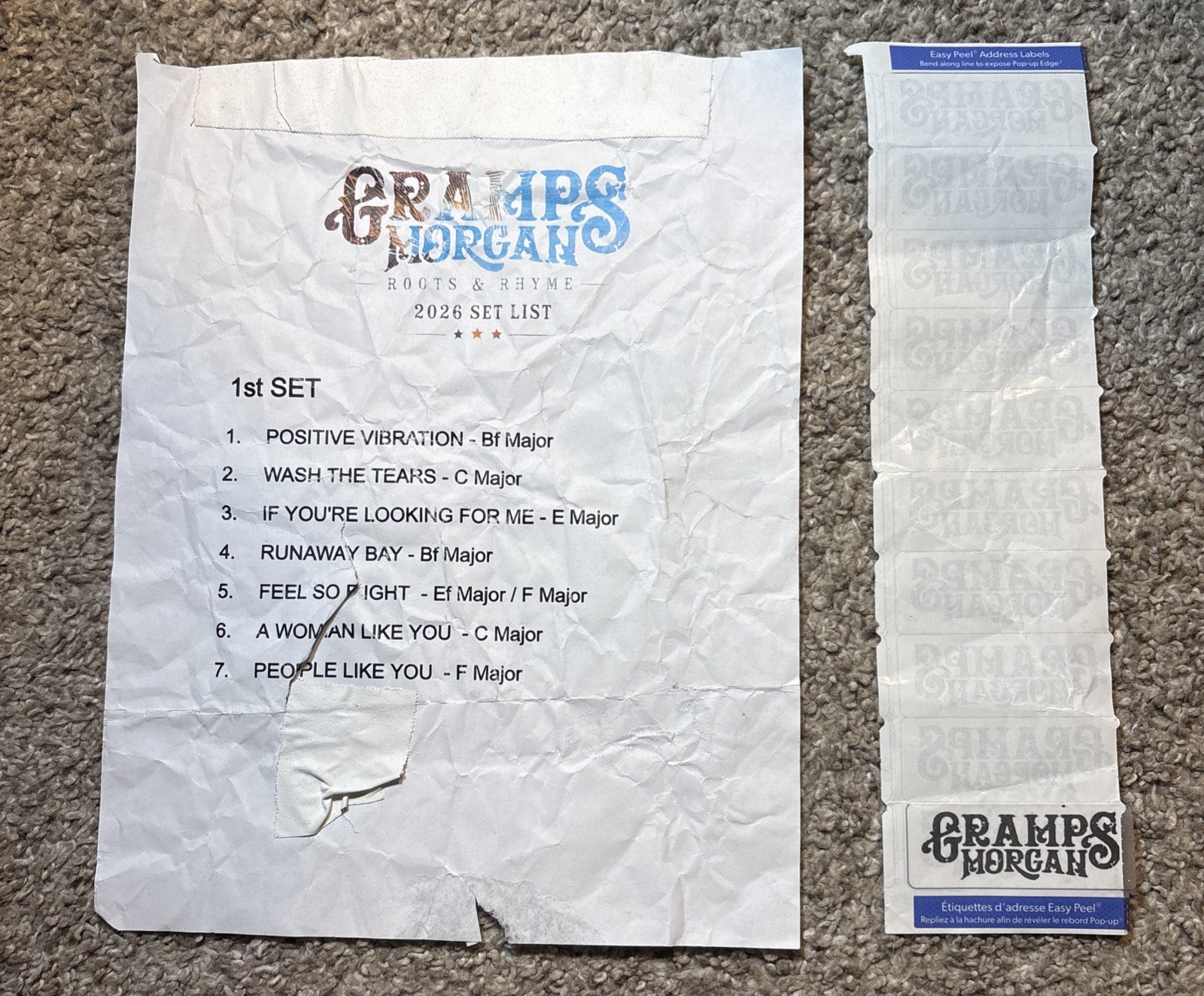 Gramps Morgan Stage Used Setlist 2026 Roots & Rhymes Tour Memorabilia