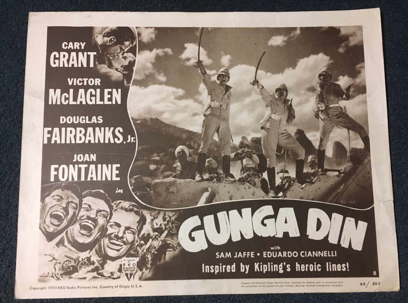GUNGA DIN 1949R ORIG. 11×14 LOBBY CARD #8! CARY GRANT & VICTOR McLAGLEN CLASSIC!