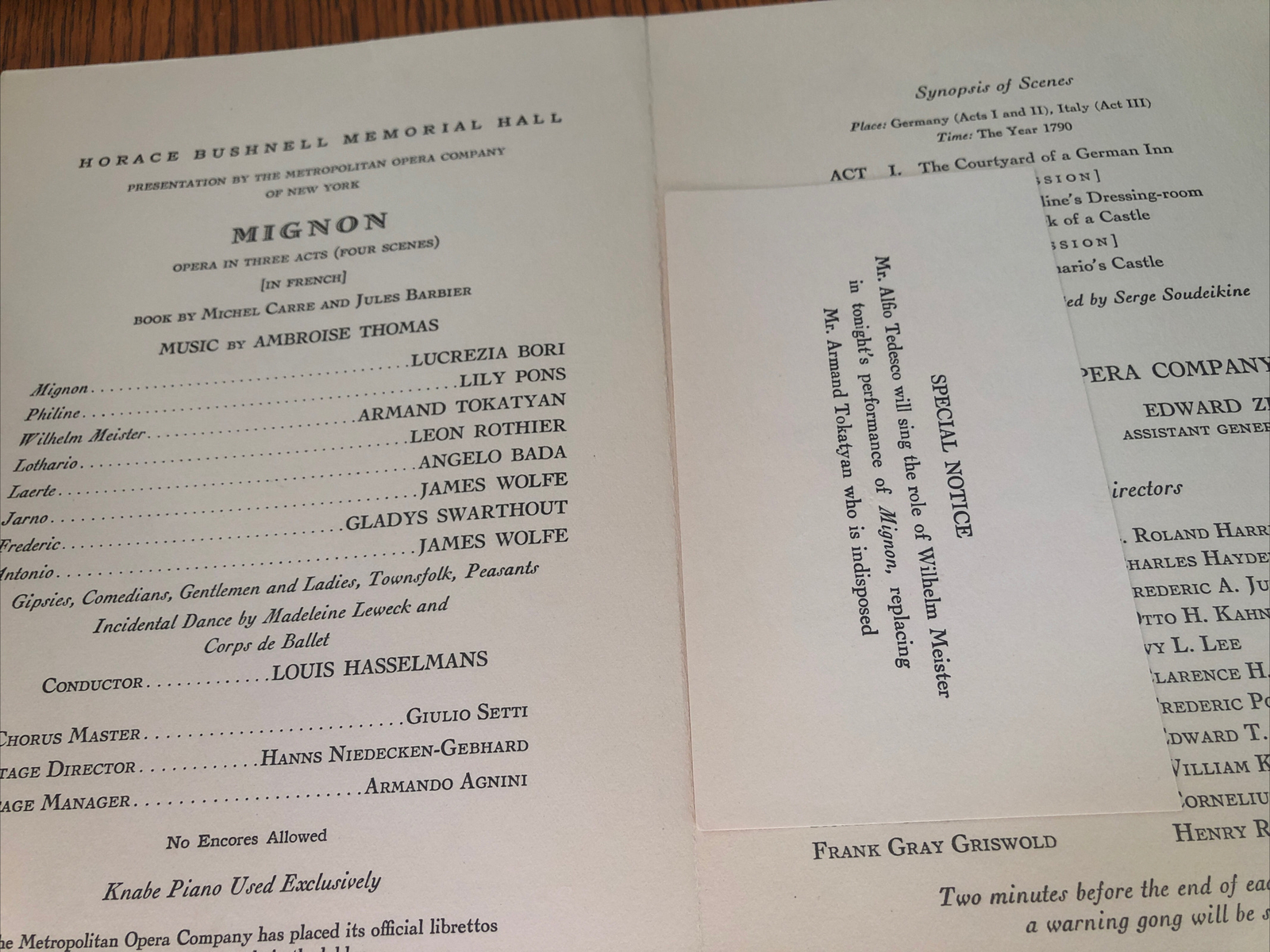 Old 1932 Metropolitan Opera Program MIGNON Bushnell Memorial Hall HARTFORD CT
