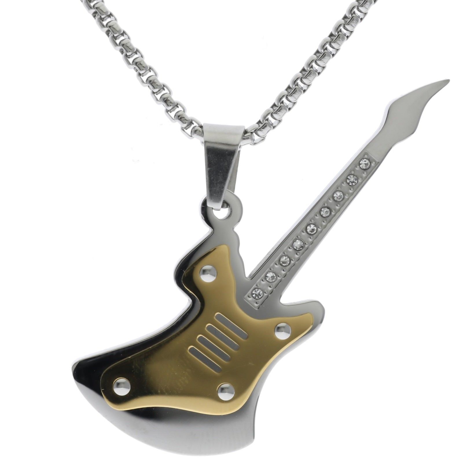 Guitar 2-tone 9 Cz Pendant 22″ 2mm Stainless Steel Round Box Chain E-14