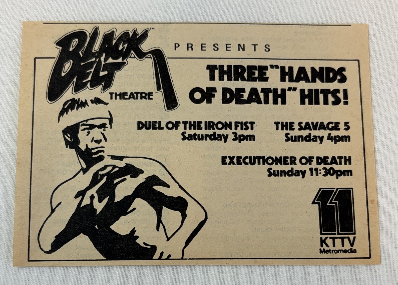 1981 KTTV tv ad~ BLACK BELT THEATRE Duel Of The Iron Fist, Executioner Of Death