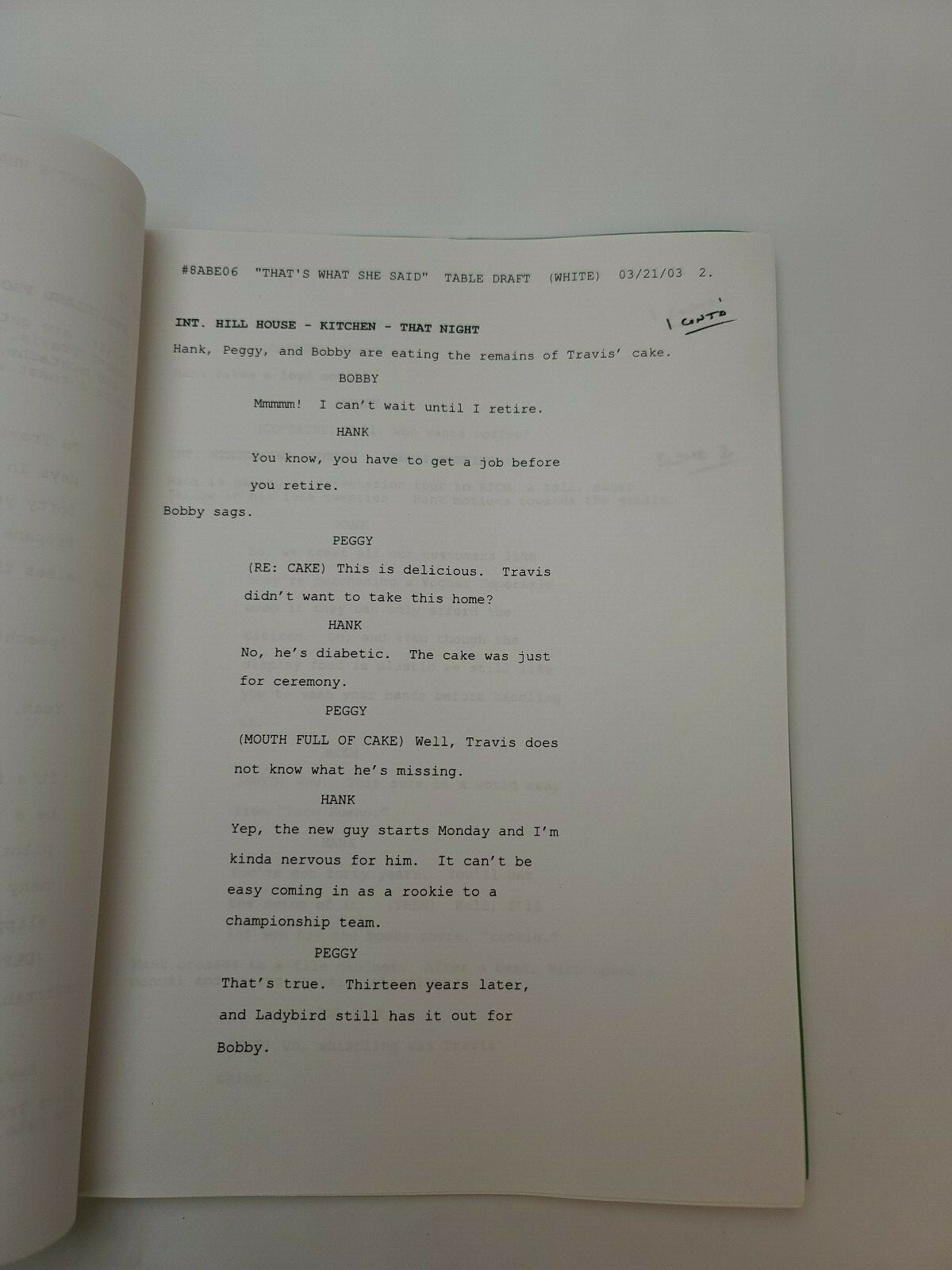 KING OF THE HILL / Sivert Glarum 2003 TV Script “That’s What She Said”