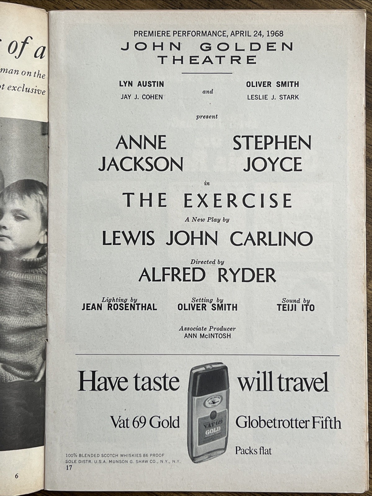 THE EXERCISE, PREMIERE PERFORMANCE, PLAYBILL, APRIL 1968, JOHN GOLDEN THEATRE