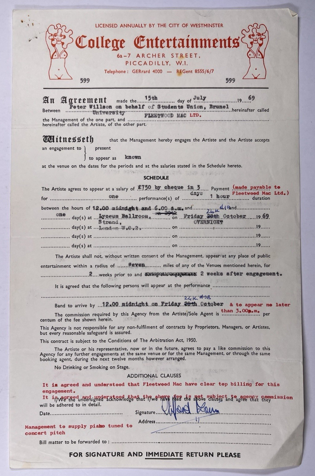 Fleetwood Mac Original Peter Green Signed Contract by Clifford Davis Lyceum 1969