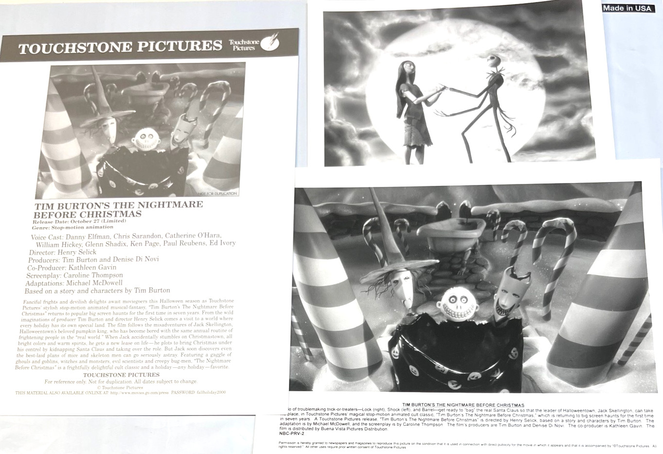 2-“Tim Burton’s The Nightmare Before Christmas” 2000 Press Promo Photos NM Cond.