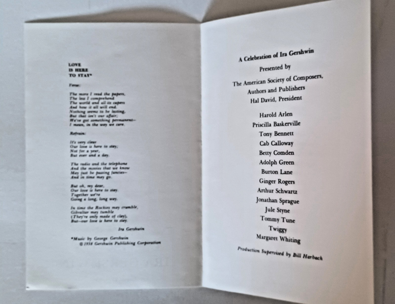1983 Ira Gershwin Memorial Program ASCAP Tribute Playbill Tony Bennett Rogers