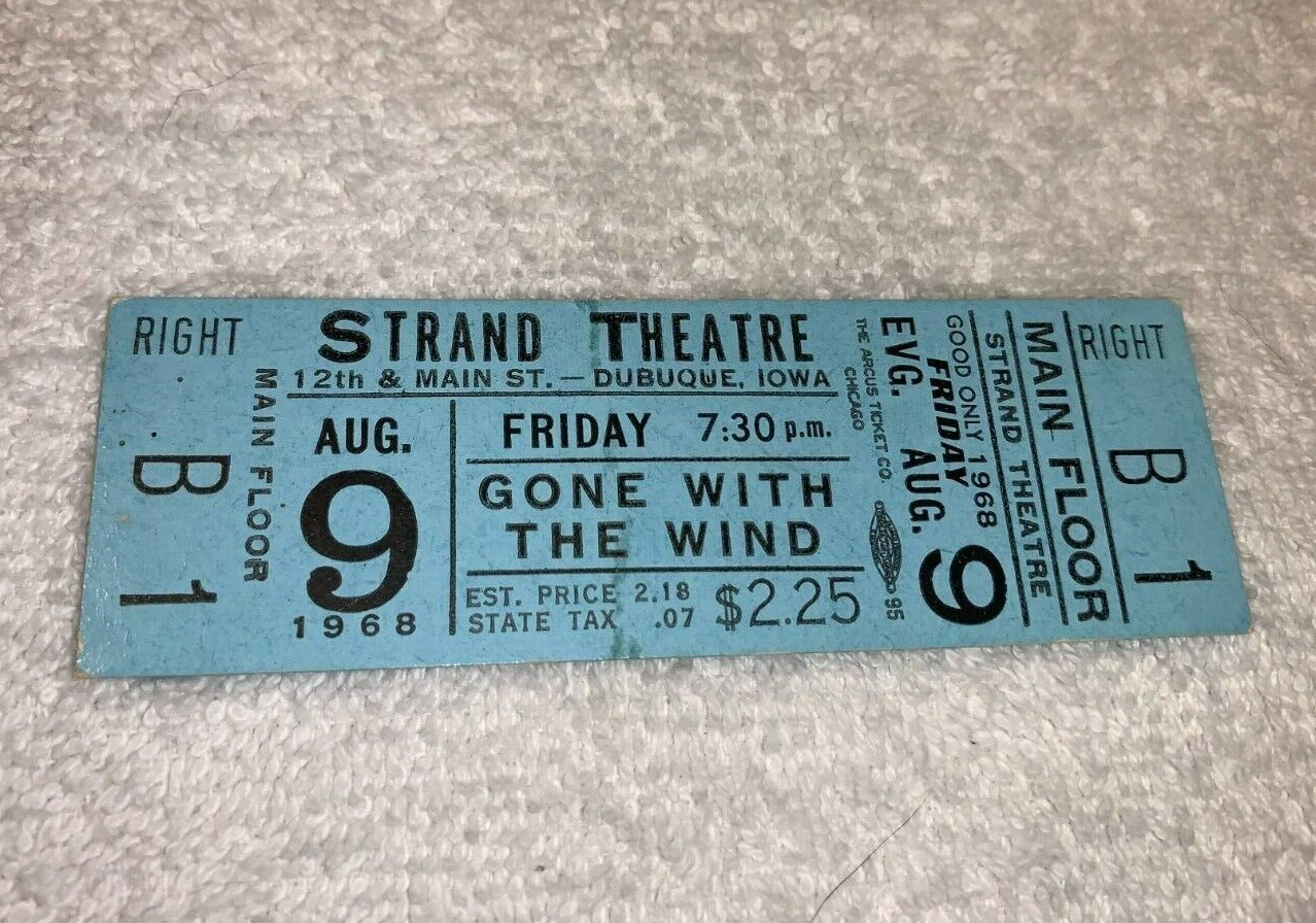 GONE WITH THE WIND 1968 VINTAGE UNUSED THEATER TICKET Clark Gable tickets USA 1