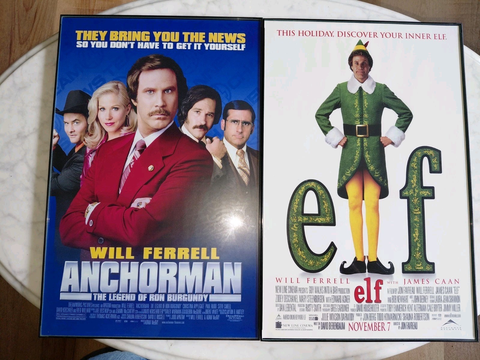 2 Will Ferrell Movie Posters Framed Elf/Ron Burgundy 11 X 17 Pre-owned