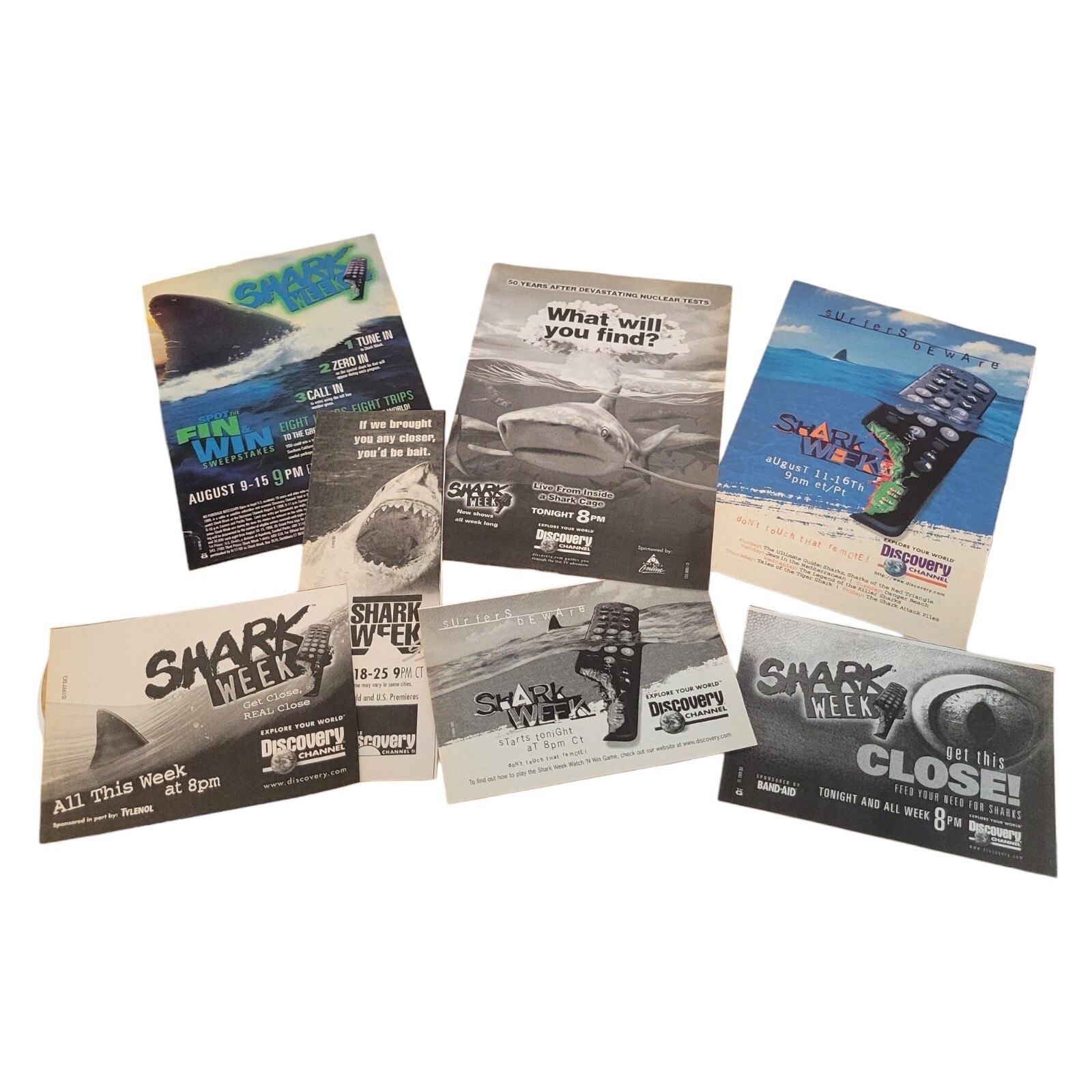 Vtg 90’s SHARK WEEK Discovery TV Channel Print ADs Lot of 7 Surfers Beware