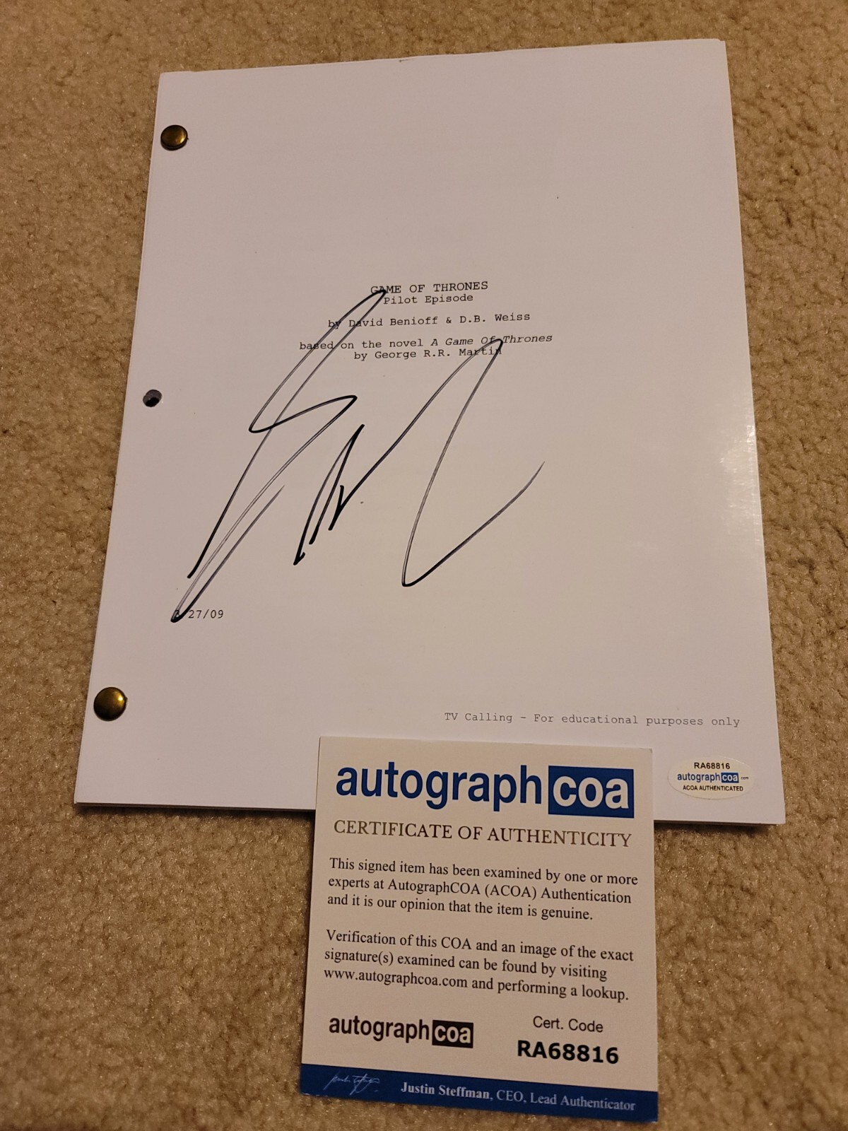 GEORGE R.R. MARTIN SIGNED GAME OF THRONES FULL PILOT SCRIPT ACOA