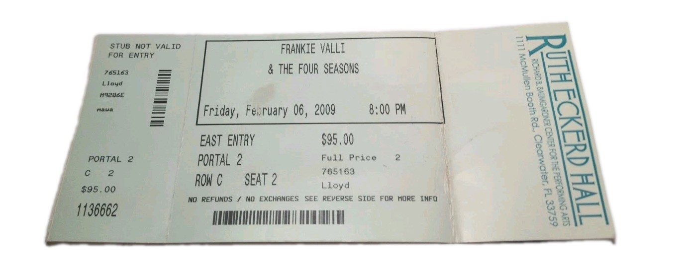 Frankie Valli & The Four Seasons Rutheckerd Hall FL Full Ticket Concert Stub CK