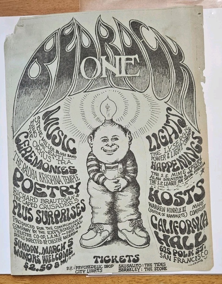 Bedrock One Concert Poster Robert Crumb Art Vintage Steve Miller 3-15-1967 Rare