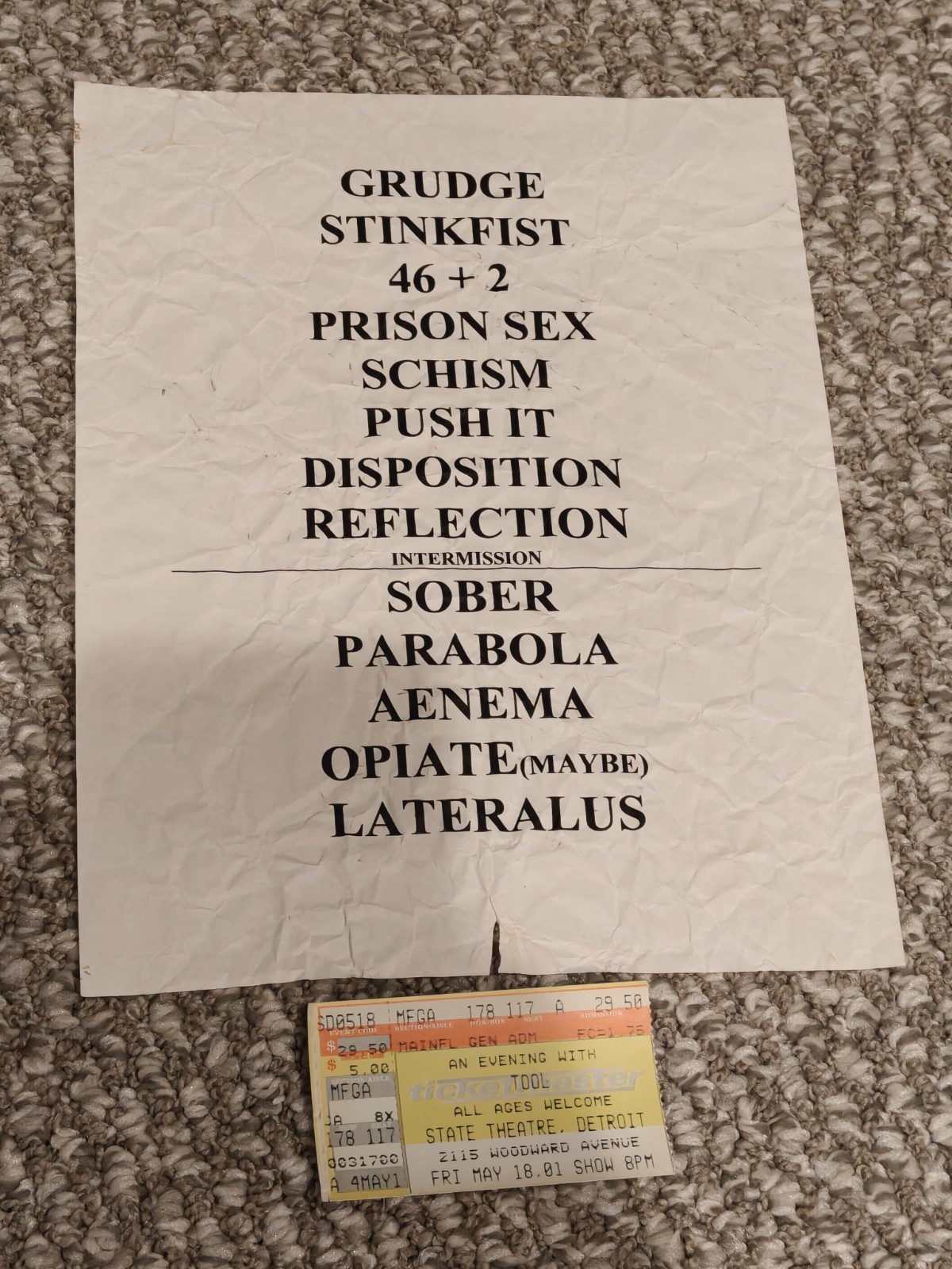 TOOL LATERALUS Detroit 2001 SHOW USED SETLIST With Ticket Stub From Show! Relic!