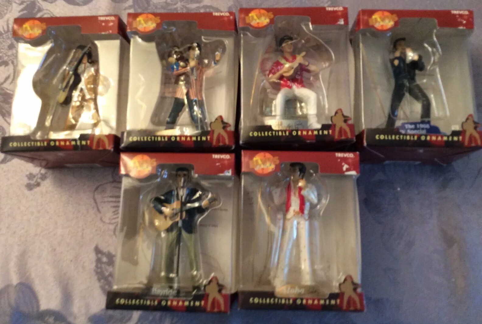 TREVCO ELVIS PRESLEY COLLECTIBLE ORNAMENT COLLECTION OF (6) DIFFERENT MIB FASTSH