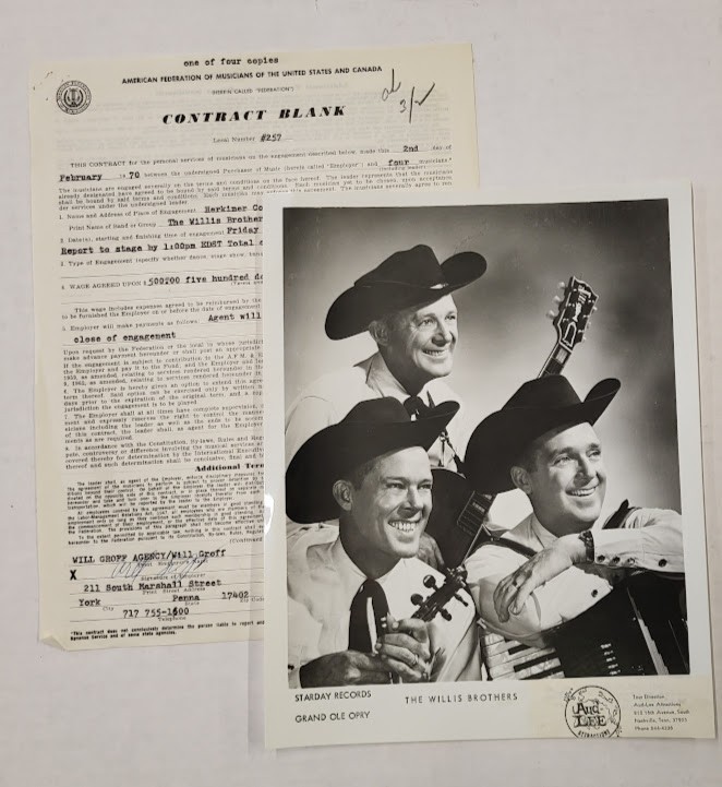 Vintage Signed Contract & 8×10 Press Photo The Willis Brothers Herkimer County