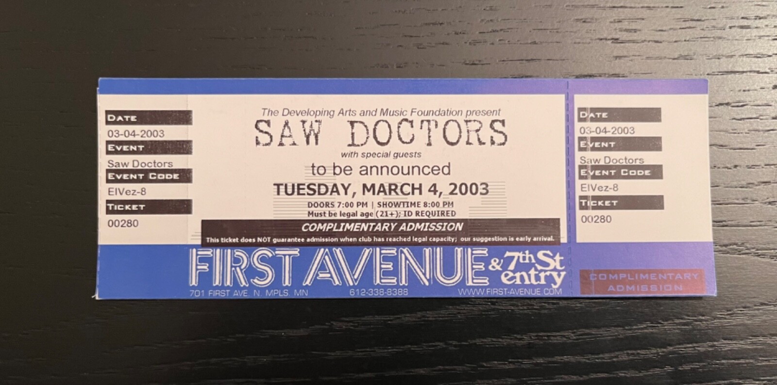 Saw Doctors Unused Promo Comp Ticket First Avenue Minneapolis, MN March 4, 2003