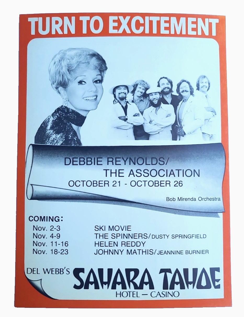 DEBBIE REYNOLDS THE ASSOCIATION Vtg Postcard Sahara Tahoe Hotel & Casino c. 70s