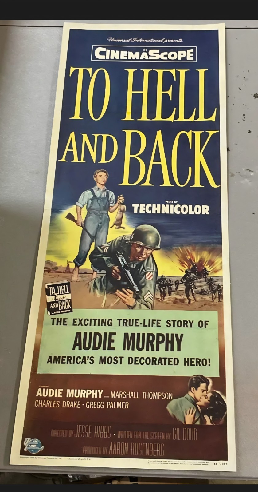 Original 1955 To Hell and Back 14×36 Insert Movie Poster Audie Murphy WWII EX+