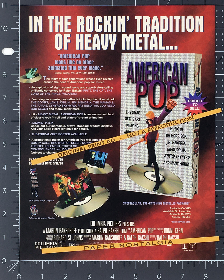 AMERICAN POP__Original 1998 Trade Print AD / advert__RALPH BAKSHI__rock n roll