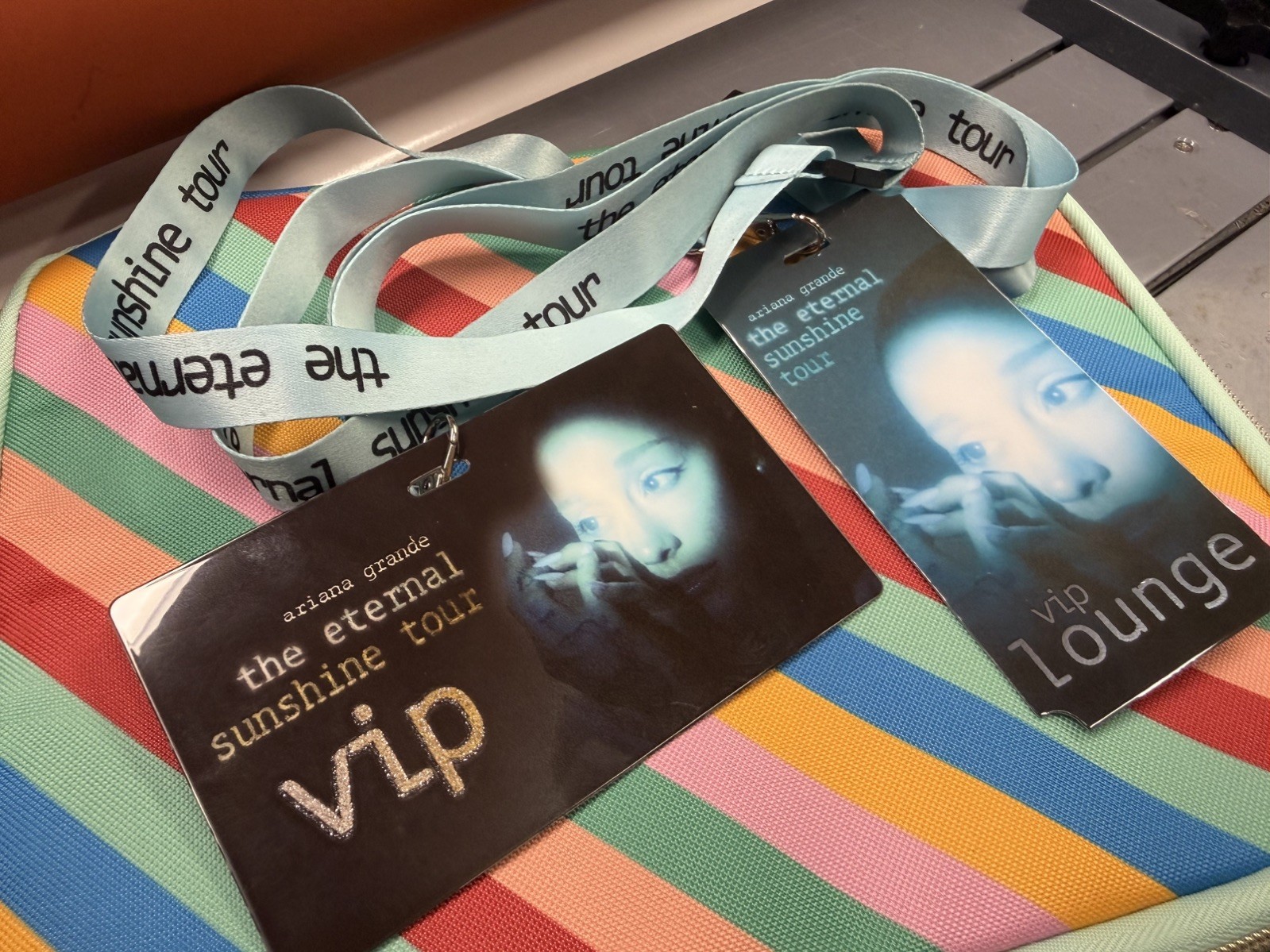 Ariana Grande Eternal Sunshine VIP Lounge and gold vip passes w/ lanyards