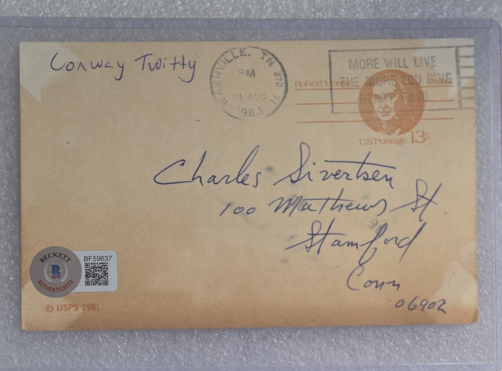 CONWAY TWITTY SIGNED POSTCARD BECKETT BAS COA COUNTY MUSIC SINGER AUTOGRAPHED