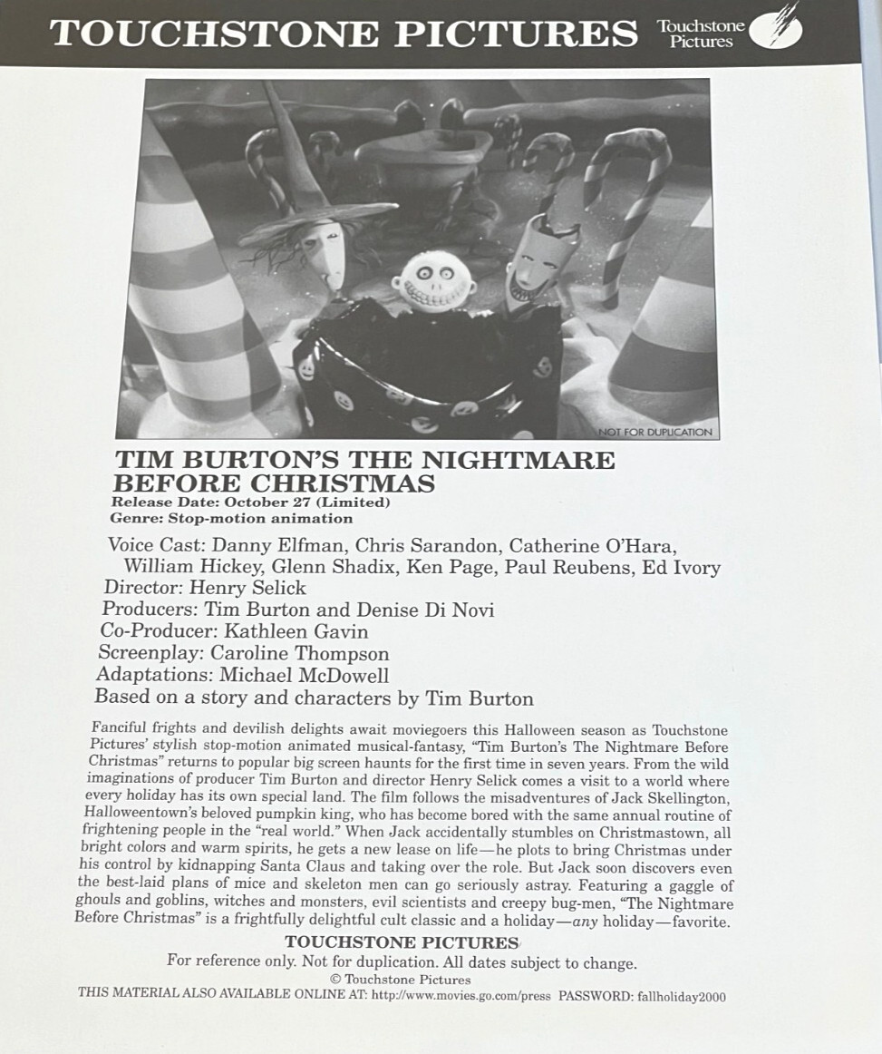 2-“Tim Burton’s The Nightmare Before Christmas” 2000 Press Promo Photos NM Cond.