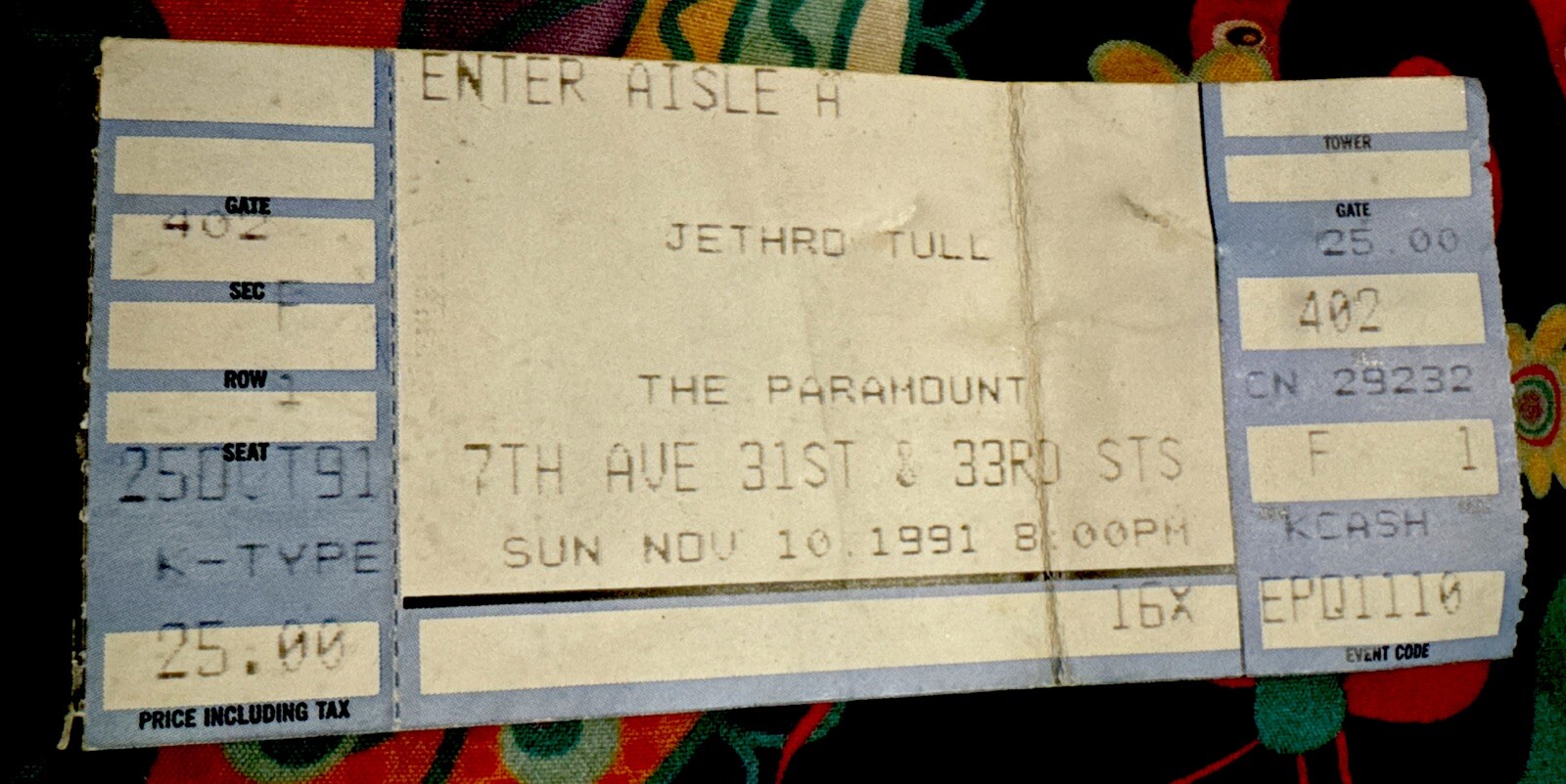 JETHRO TULL – CATFISH RISING TOUR-PARAMOUNT THEATRE – NOVEMBER 10, 1991 – TICKET
