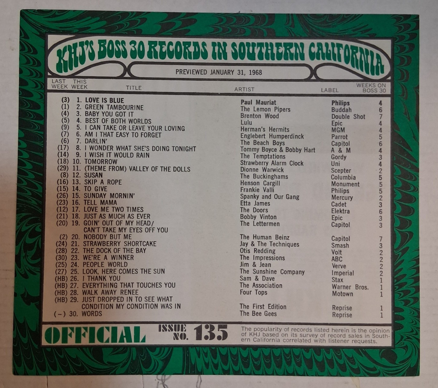 KHJ RADIO BOSS 30 survey #135 Jan 1968 love is blue #1 unfolded uncirculated
