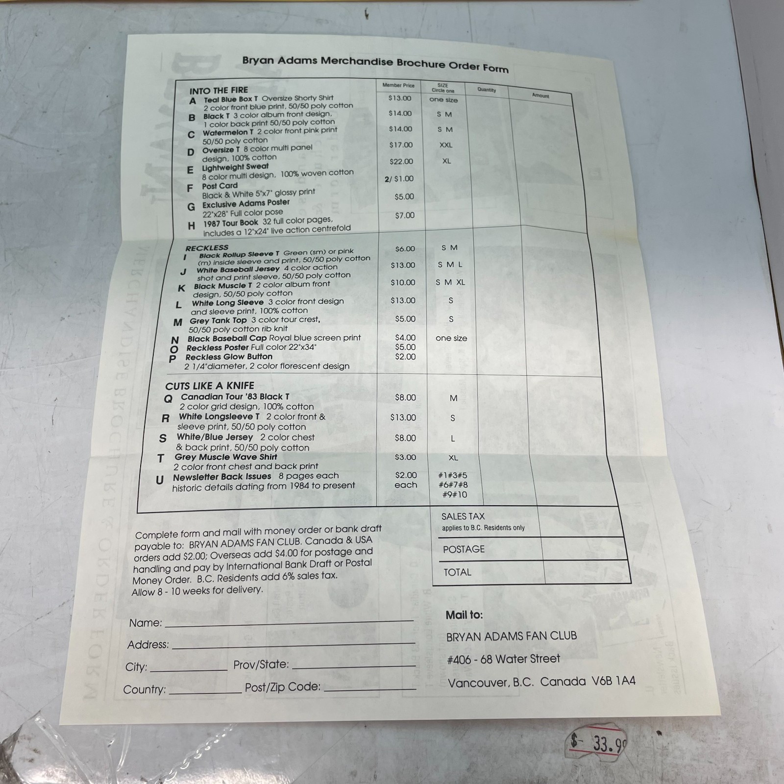 Bryan Adams Official Fan Club Ephemera Merch Order Sheet Magazine 1989