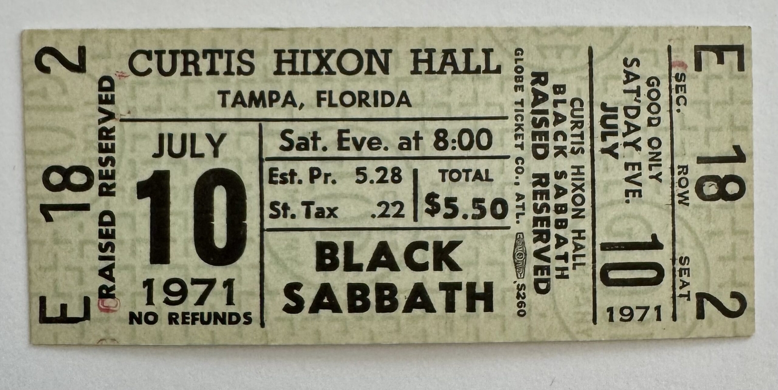 Black Sabbath Concert Ticket 1971 Tampa Florida Green