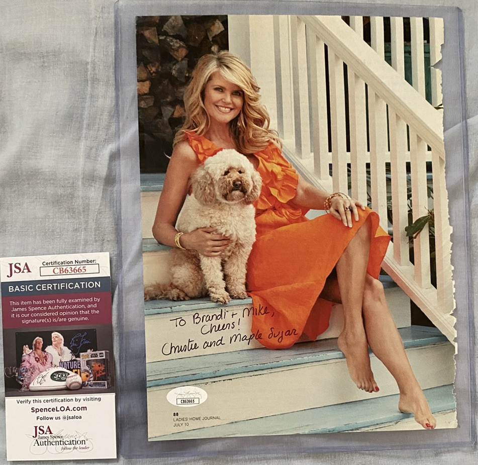 Christie Brinkley Signed +Inscription Magazine Page w/ Dog Maple Sugar JSA COA