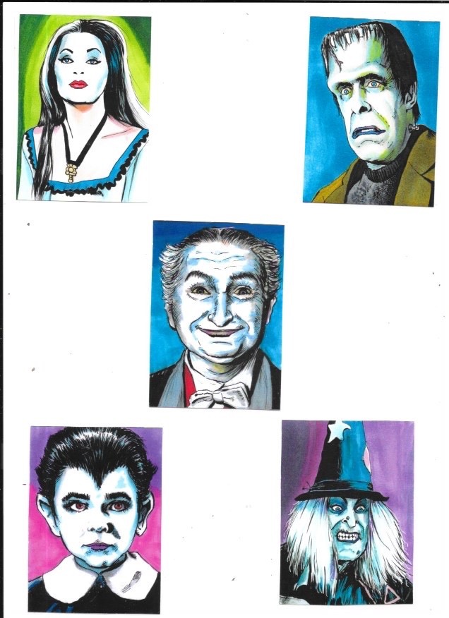 5 MUNSTERS ARTISTS CARDS ALL SIGNED MATTHEW W. PARMENTER ARTIST HERMAN EDDIE