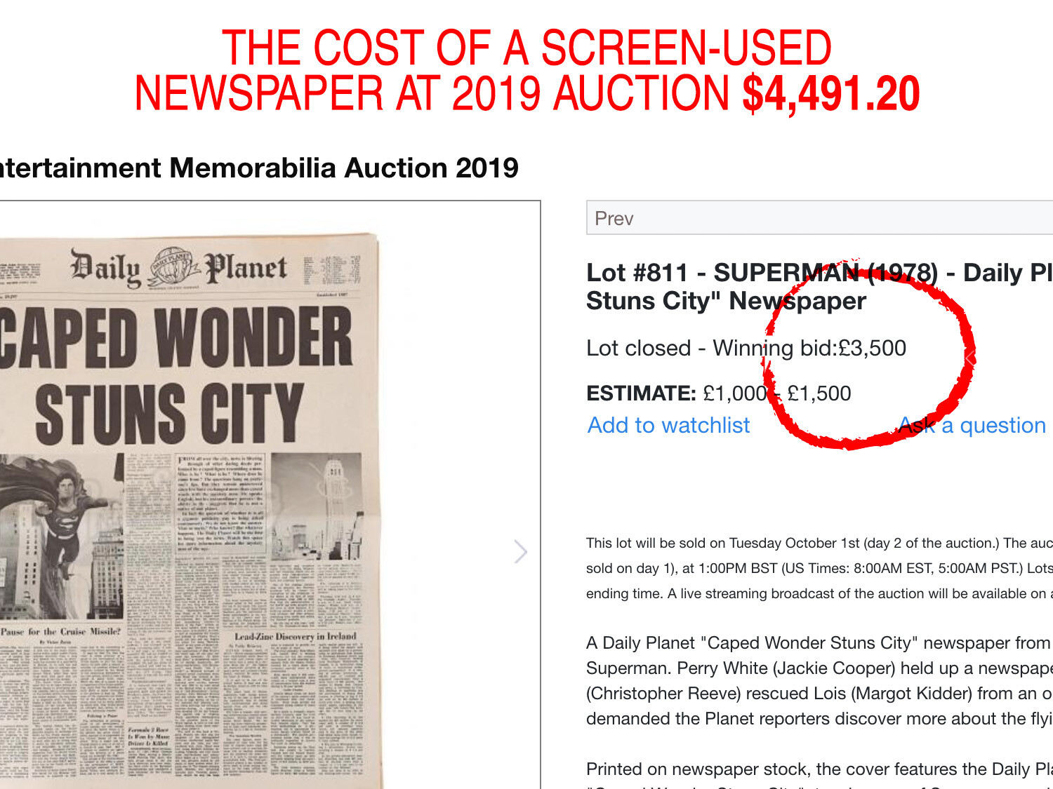 Superman “Daily Planet” Newspaper Replica -“Caped Wonder Stuns City” Chris Reeve