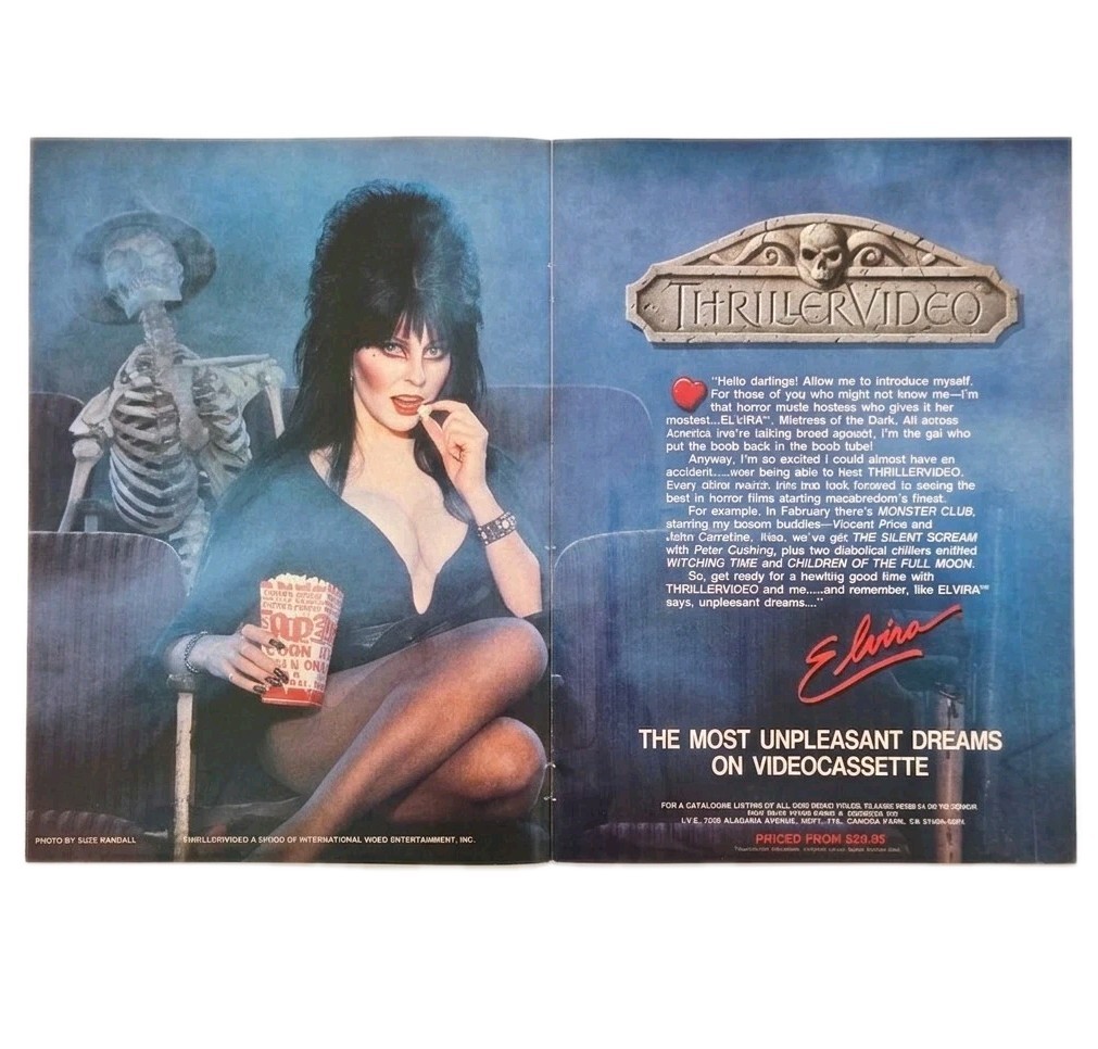 Vtg 1985 Elvira Thriller Video VHS Print Ad Poster Vincent Price Peter Cushing