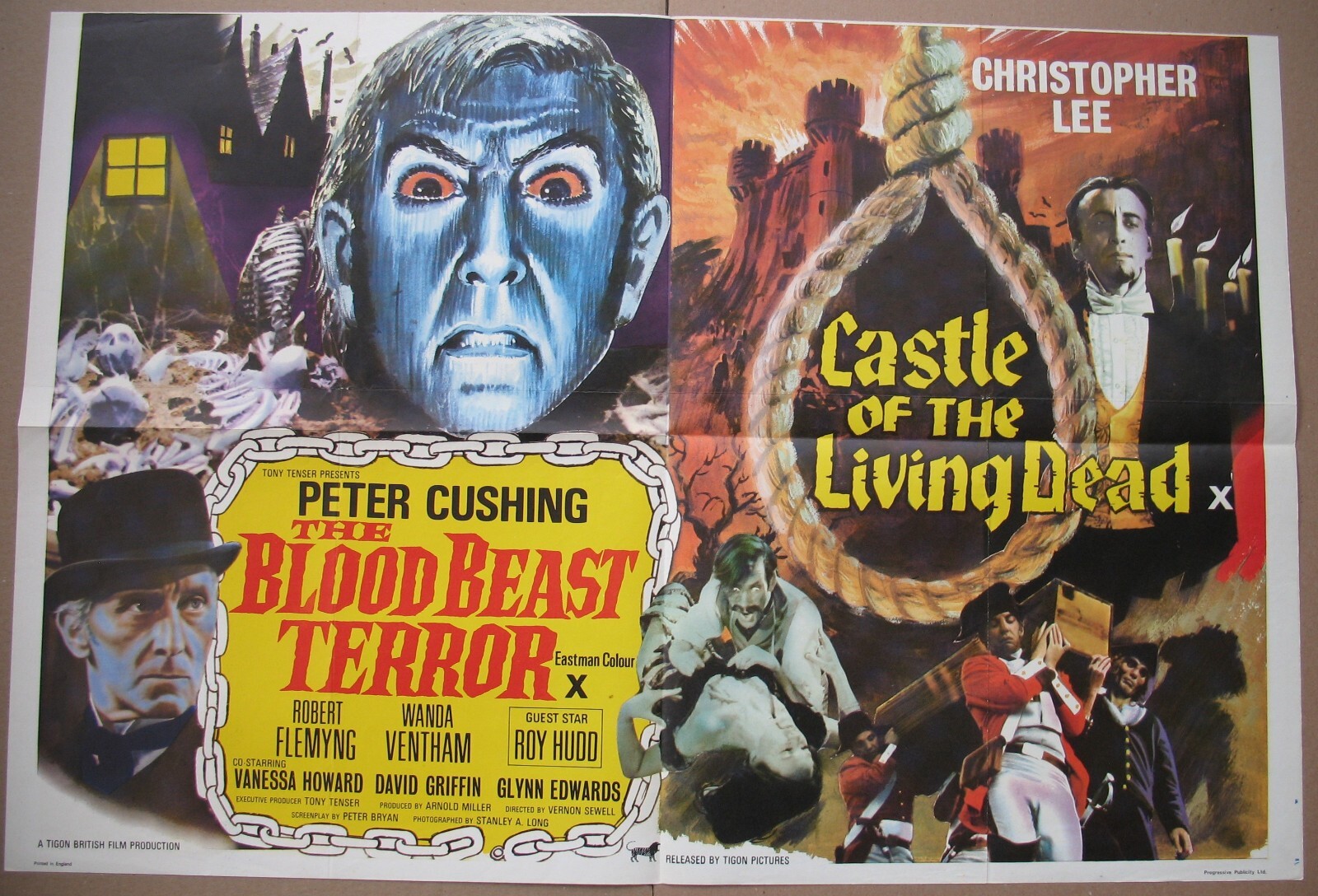 BLOOD BEAST TERROR / CASTLE OF THE LIVING DEAD 1968 UK Quad Double Bill, Trimmed