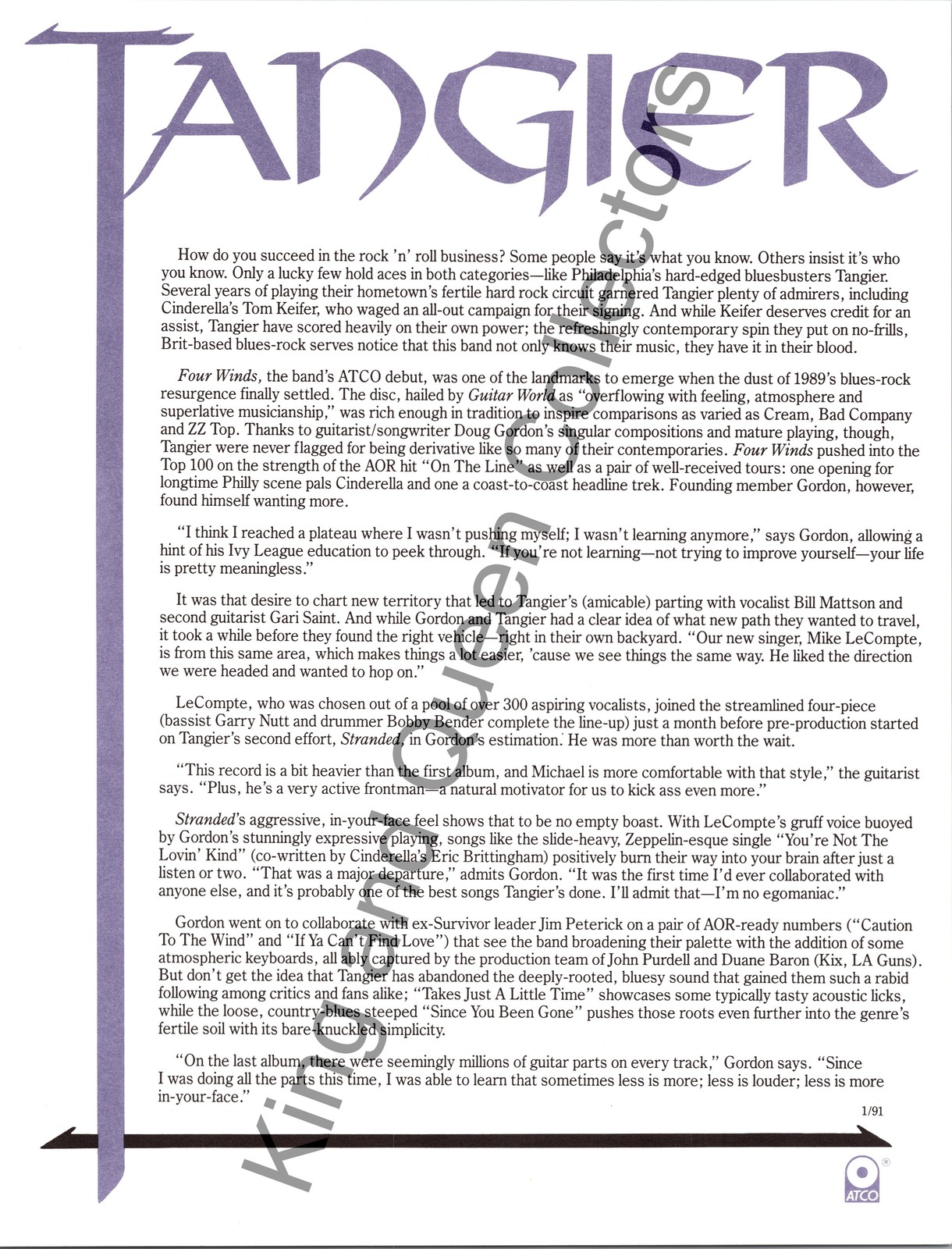 Tangier 1991 Original ATCO Press Kit Biography Sheet Four Winds; Stranded