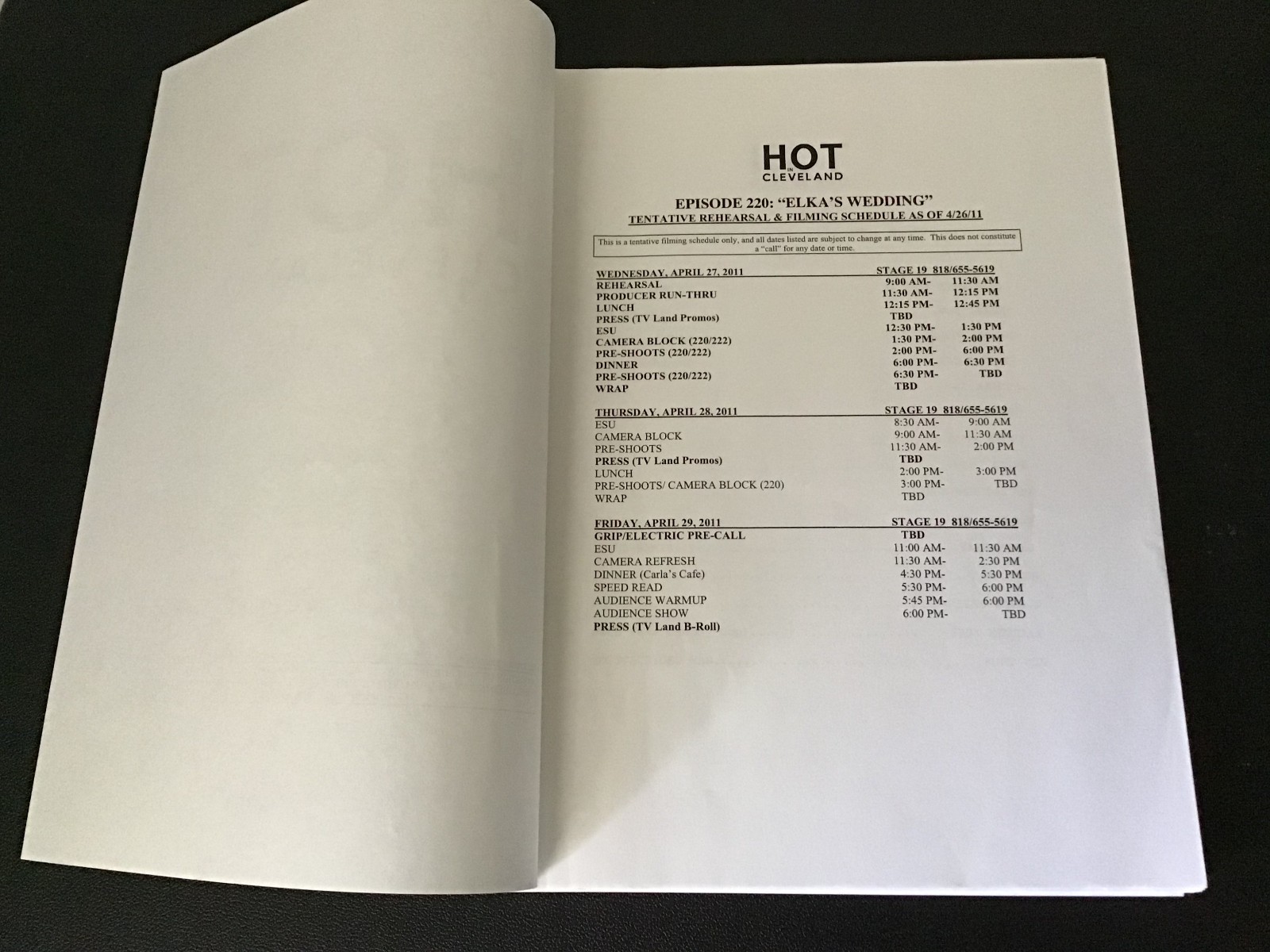 HOT IN CLEVELAND Ep. 02.20 Shooting Draft Script and Block and Shoot Call Sheet