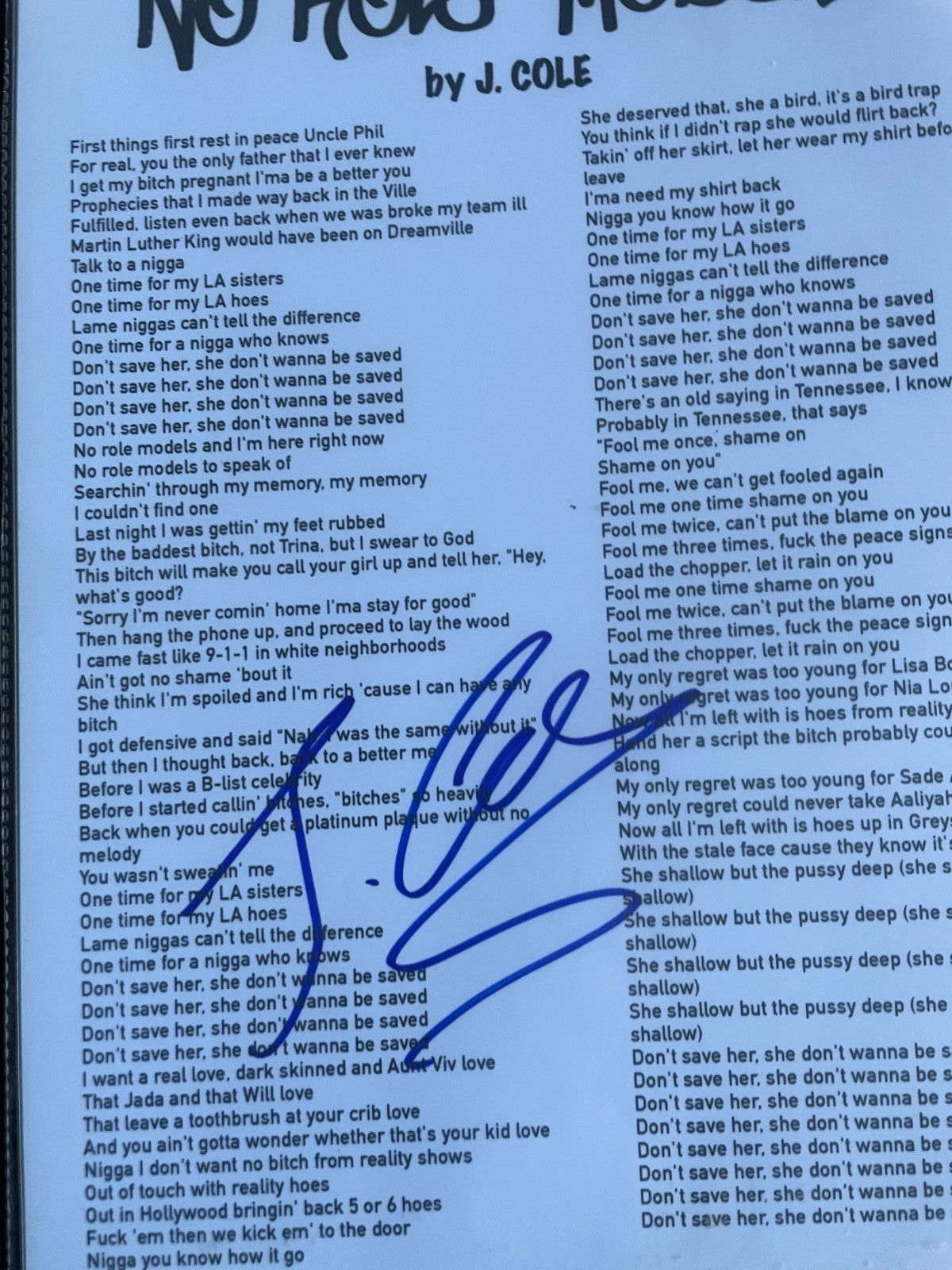 J COLE SIGNED SHEET LYRICS NO ROLE MODELZ DC/COA FULL SIGNATURE AUTO 10