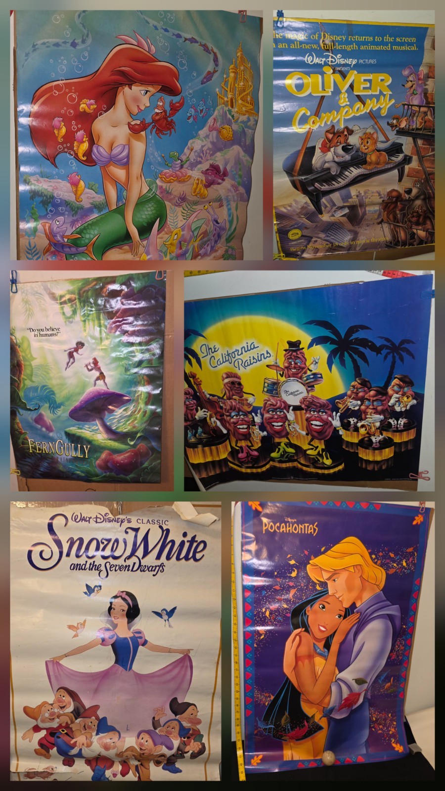 Vintage 80s 90s Animated Movie 6 Poster Lot Snow White Mermaid FernGully Raisins