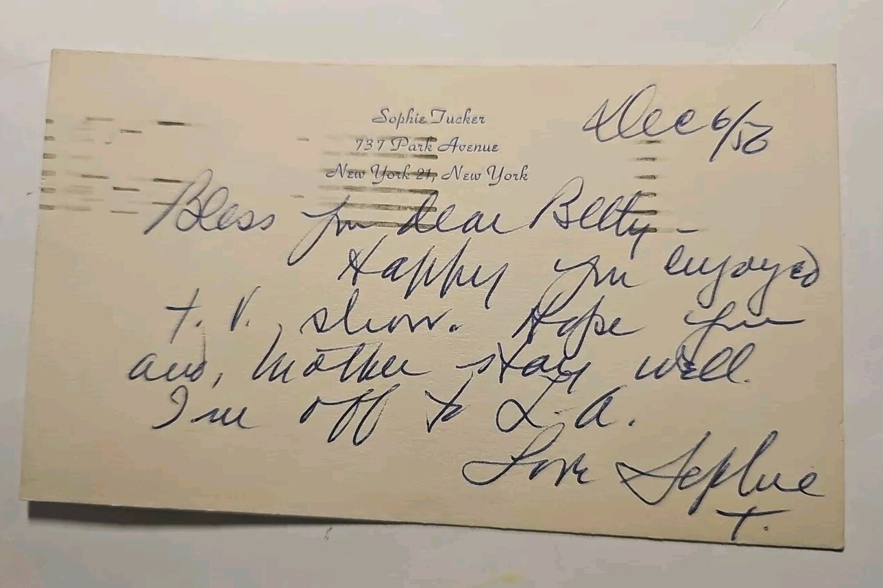 SOPHIE TUCKER – AUTOGRAPH NOTE SIGNED 1956 – RARE personal Postal – Park Ave, NY