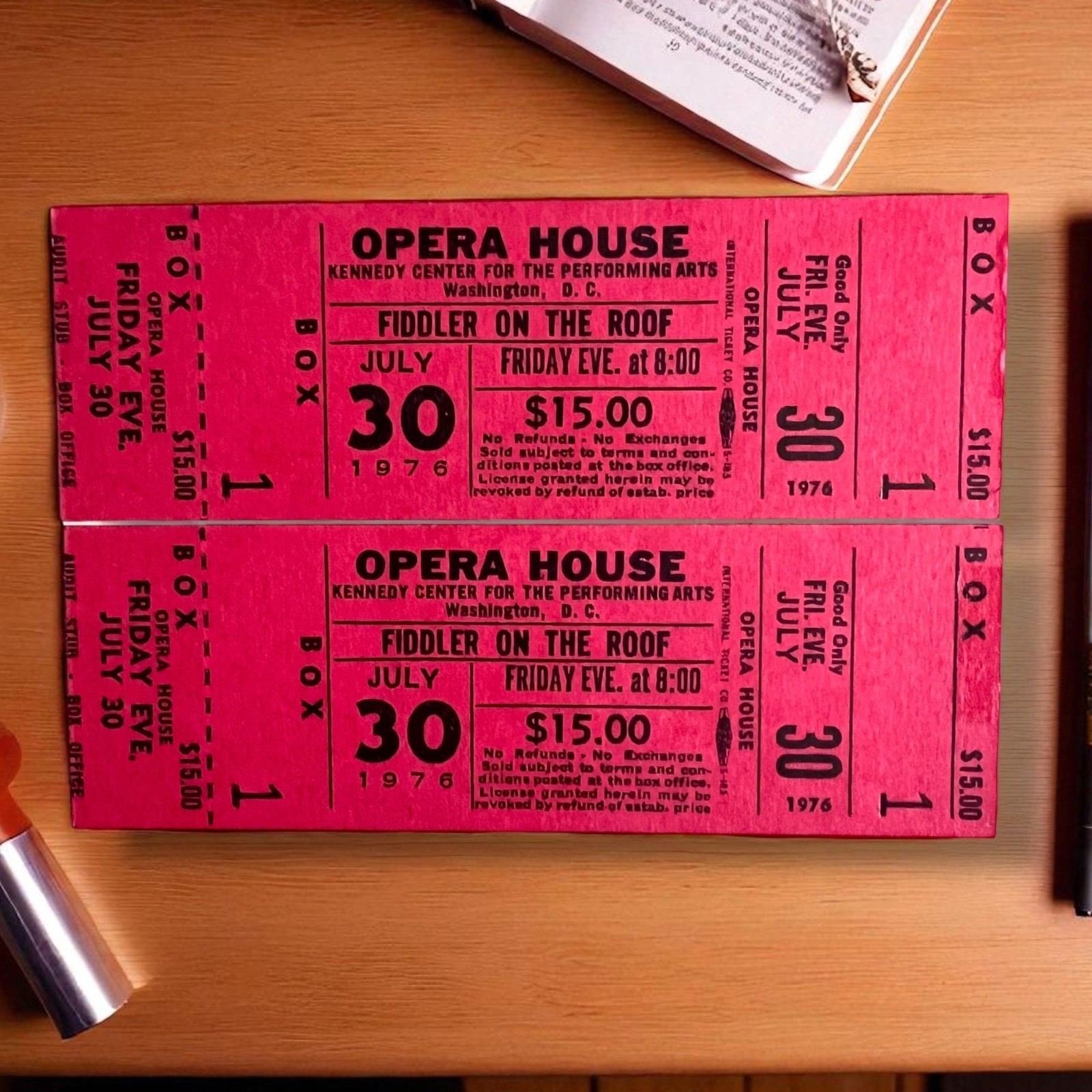 Vintage 1976 Fiddler on The Roof Tickets Kennedy Center Opera House UNUSED PAIR