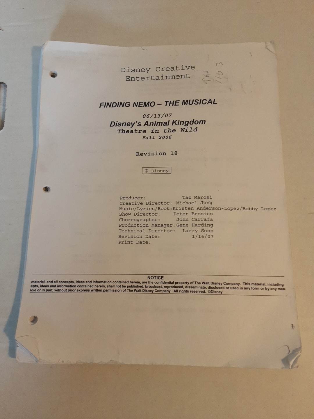 RARE Disney Finding Nemo Musical Rev 18 Draft 17 Script 6/13/07 Animal Kingdom