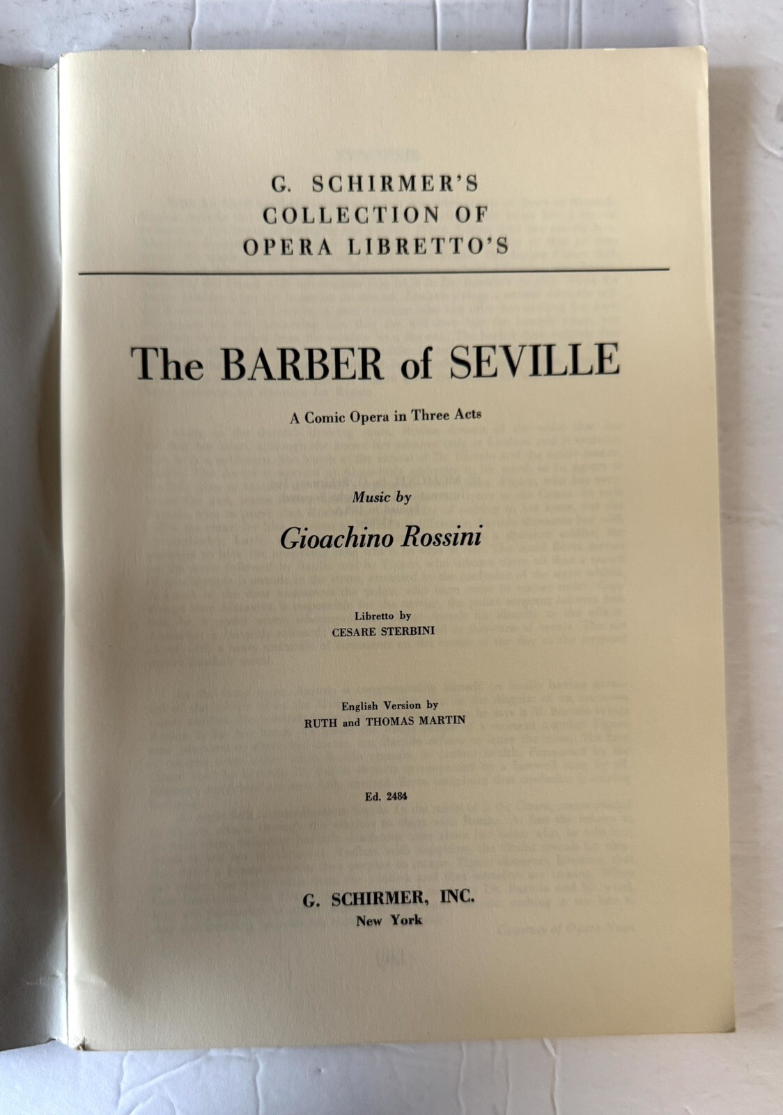 Vintage 1992 Opera Libretto The Barber Of Seville English & Italian C. Schirmer